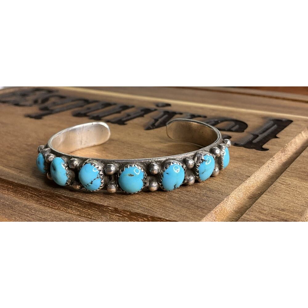 Sterling Silver Turquoise Cluster Cuff Bracelet Southwestern Native Style 925 - Picture 5 of 6